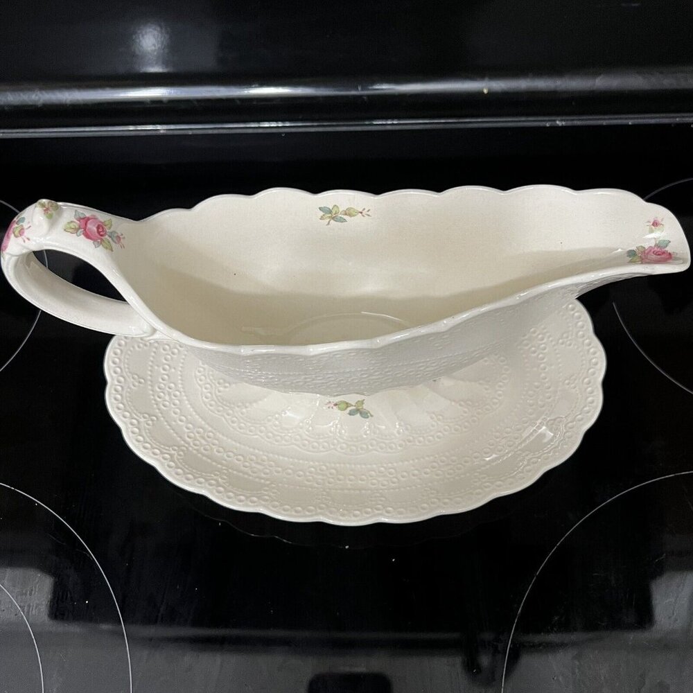Antique Spode Jewel China BILLINGSLEY ROSE Gravy Boat w/ Underplate - Picture 4 of 11